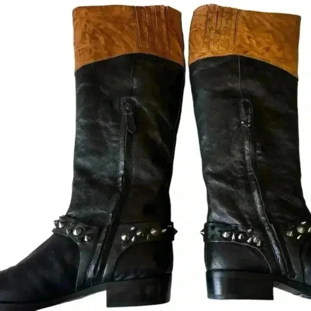 SAM EDELMAN tall leather spiked moto riding boots - black + tan - women 7 medium - Picture 7 of 16